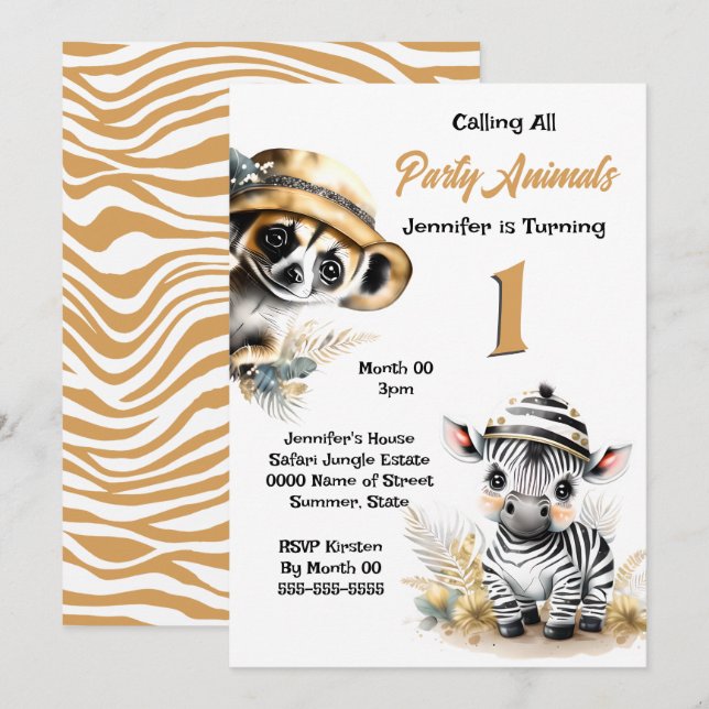Zebra meerkat Dschungelsafari Wildtiere Kinder Bus Einladung (Vorne/Hinten)