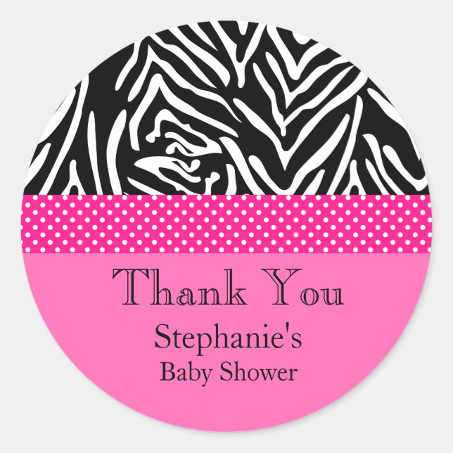Zebra mit Hot Pink Polka Dot Pattern Baby Dusche Runder Aufkleber (Vorderseite)
