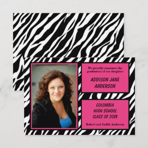 Zebra mit rosa Besatz mit Foto-3x5 Abschlussankünd Einladung