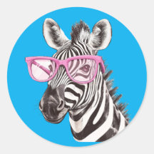 Zebra mit rosa Brillenaufkleber D. Blue Background
