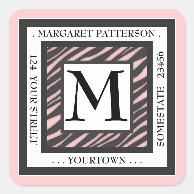 Zebra Monogram Square Quadratischer Aufkleber (Vorderseite)
