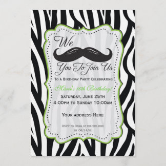 Zebra Mustache Birthday - Black & Lime Green Einladung