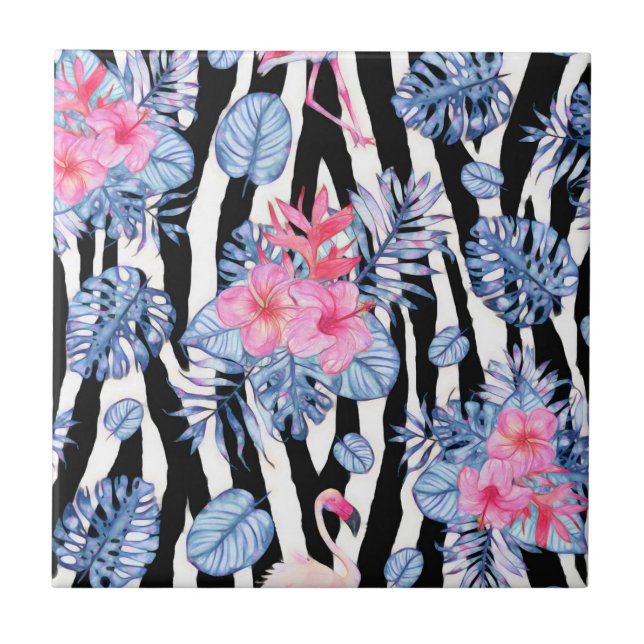 Zebra-Muster mit tropischem Hibiskus und Flamingos Fliese (Vorderseite)