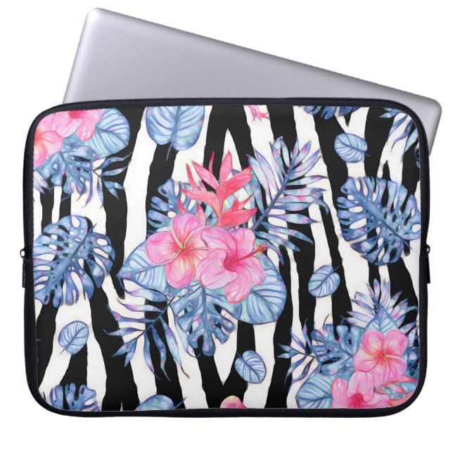Zebra-Muster mit tropischem Hibiskus und Flamingos Laptopschutzhülle (Vorderseite)