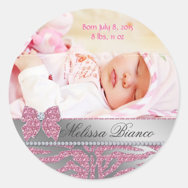 Zebra Niedlich Bow Baby Girl Announctionsticker Runder Aufkleber (Vorderseite)