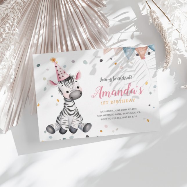 Zebra Party Tiere Rosa Geburtstagseinladung Mitteilungskarte (Von Creator hochgeladen)