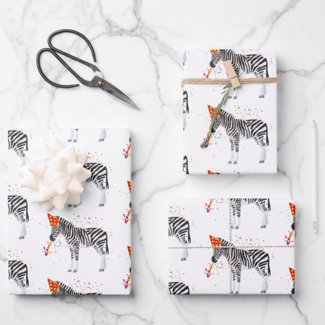 Zebra Partying - Tiere mit Party Geschenkpapier Set (Vorderseite)