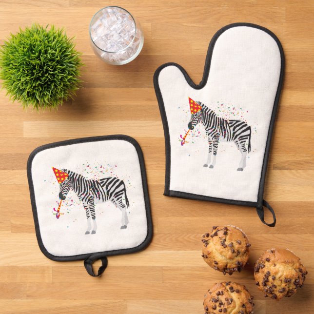 Zebra Partying - Tiere mit Party Ofenhandschuh & Topflappen-Set (Oben Unten)