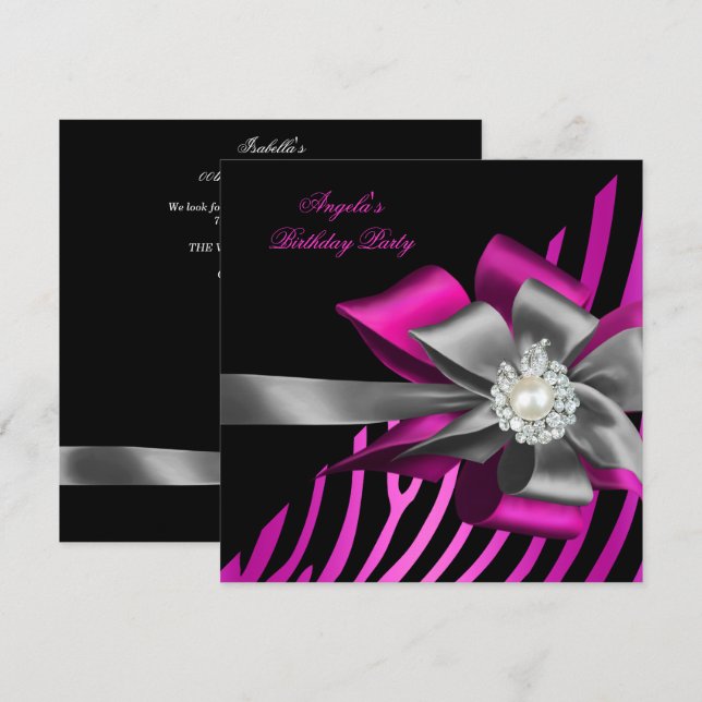 Zebra Pink Black Silver Bow Pearl Birthday Party Einladung (Vorne/Hinten)