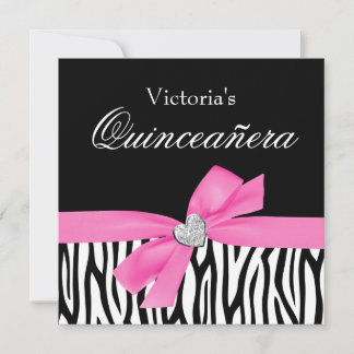 Zebra Pink Bow Diamond Quinceanera Einladungen