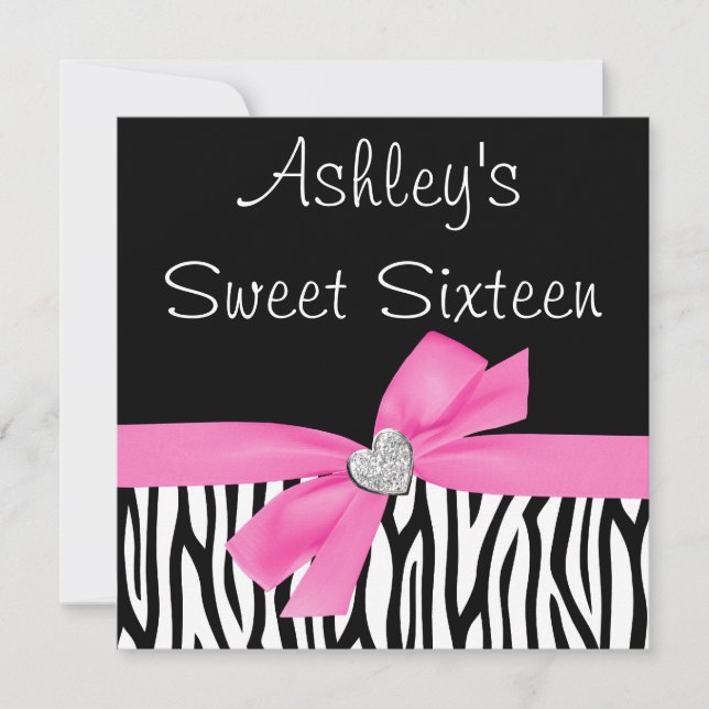 Zebra Pink Bow Diamond Sweet 16 Invitations (Devant)
