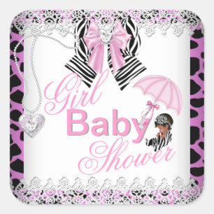 Zebra Pink Girl Baby Dusche Afrikanischer Amerikan Quadratischer Aufkleber