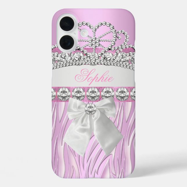 Zebra Pink Princess Tiara Diamond Girly iPhone 16 Plus Hülle (Rückseite)