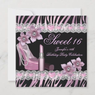 Zebra Pink Schwarz Sweet Sixteen 16 Party Lippenst Einladung