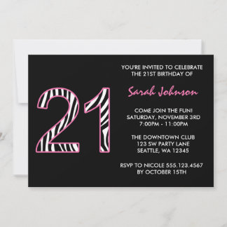 Zebra Pink und Schwarz 21. Geburtstag Einladung