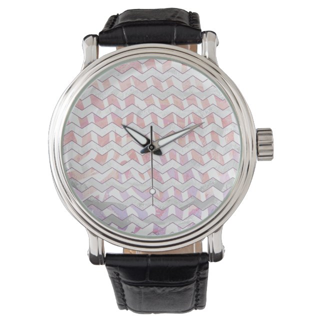 Zebra Pink und Weiß Zickzack Armbanduhr (Vorderseite)
