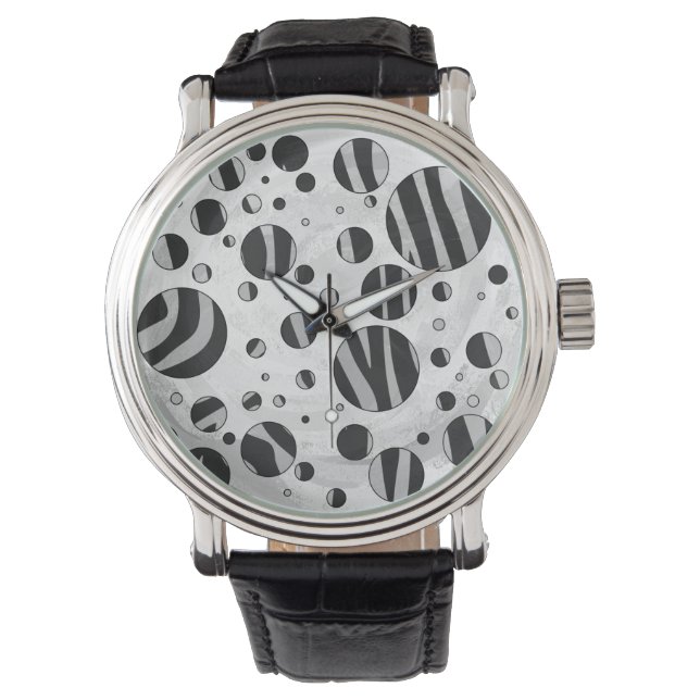 Zebra Polka Dot Black und Light Gray Armbanduhr (Vorderseite)