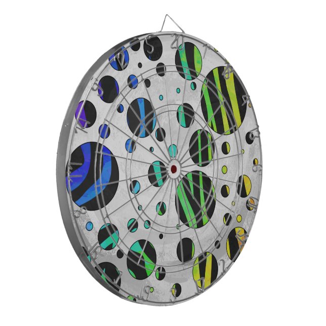 Zebra Polka Dot Black und Rainbow Print Dartscheibe (Vorderseite Links)