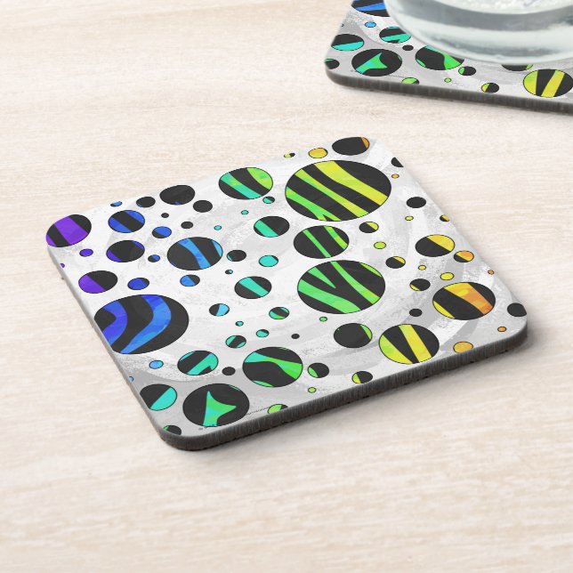 Zebra Polka Dot Black und Rainbow Print Getränkeuntersetzer (Linke Seite)
