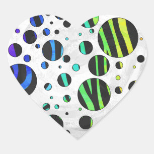 Zebra Polka Dot Black und Rainbow Print Herz-Aufkleber
