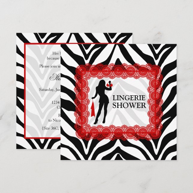 Zebra Print and Red Lace Lingerie Dusche Einladung (Vorne/Hinten)