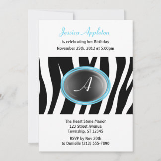 Zebra Print Aqua Blue Glass Monogram Birthday Einladung