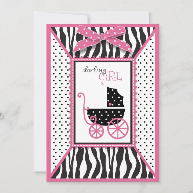 Zebra Print & Baby Carriage Baby Shower Einladung (Vorderseite)