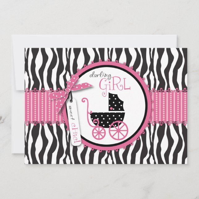 Zebra Print & Baby Carriage Baby Shower Einladung (Vorderseite)