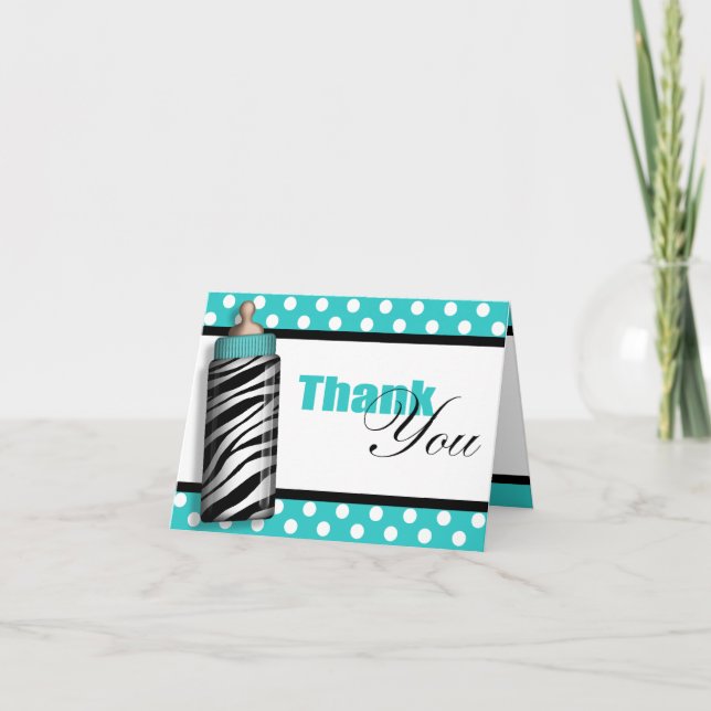 Zebra Print Baby Flasche Aquamarin Danke Karten (Vorderseite)