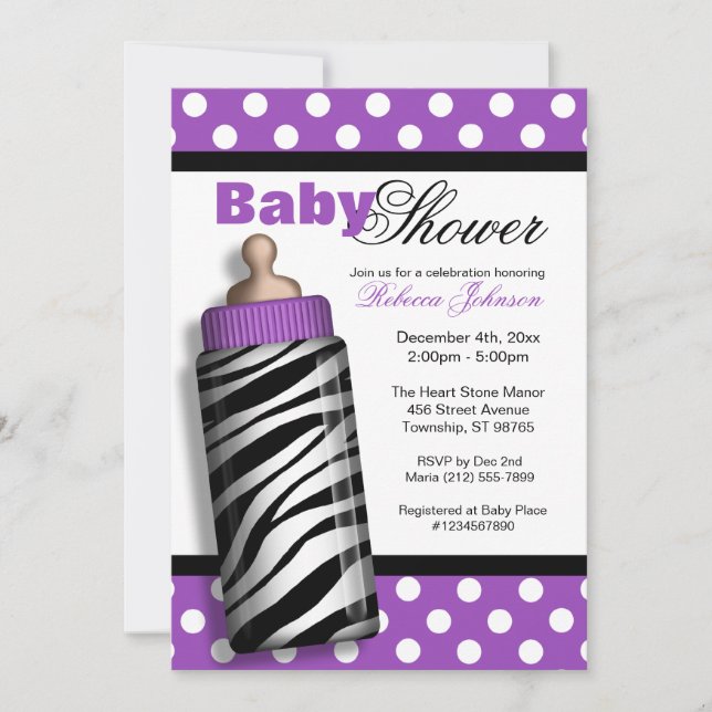 Zebra Print Baby Flasche Lila Babydusche Einladung (Vorderseite)