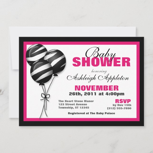 Zebra Print Balloon Fuchsia Baby shower Invitation (Devant)