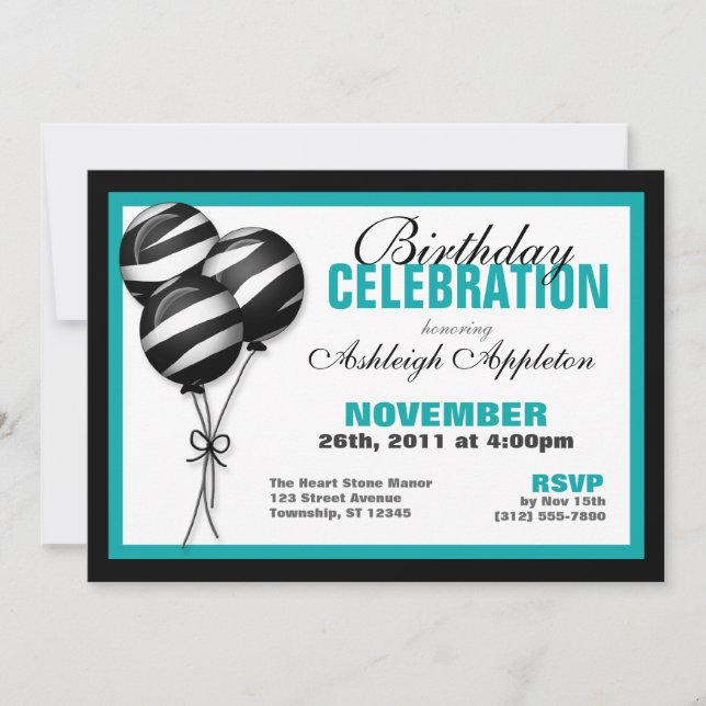 Zebra Print Balloons Aquamarine Einladungen zum Ge (Vorderseite)