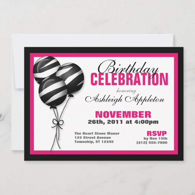 Zebra Print Balloons Fuchsia Invitations d'anniver (Devant)