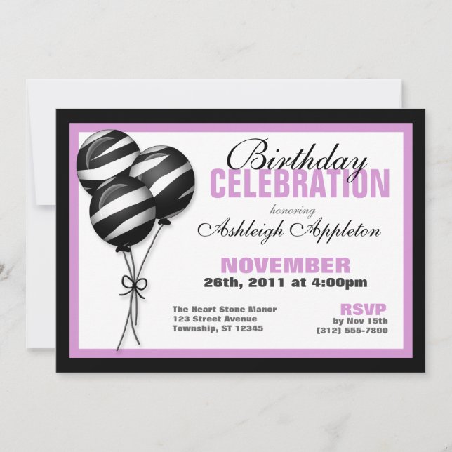 Zebra Print Balloons Lila Einladungen zum Geburtst (Vorderseite)