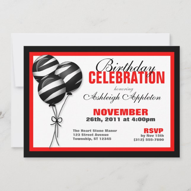 Zebra Print Balloons Red Anniversaire Invitations (Devant)