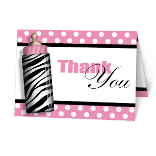 Zebra Print Bébé Bouteille rose Merci Cartes