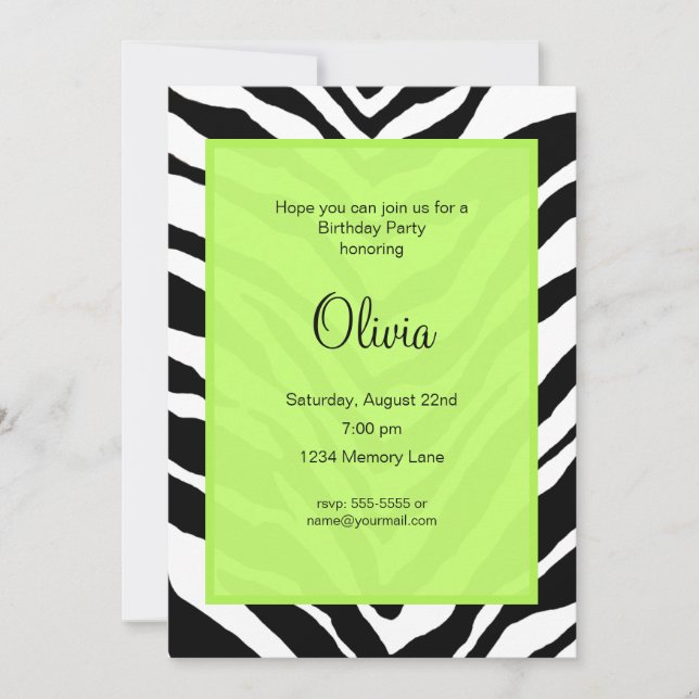 Zebra Print Birthday Party Invitation (Devant)