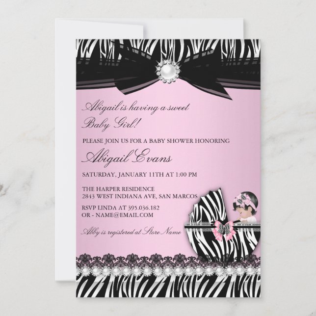 Zebra Print & Bow Baby Girl Babydusche Einladung (Vorderseite)