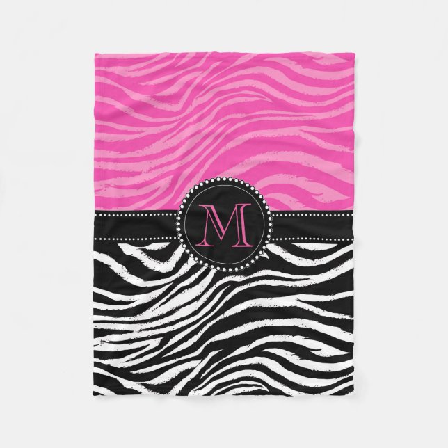Zebra Print Custom Monogram mär in Schwarz und Ros Fleecedecke (Vorderseite)
