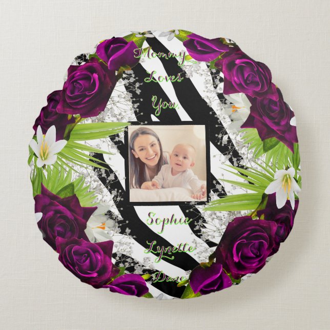 Zebra Print Floral Coussin rond avec Palm Text (Devant)