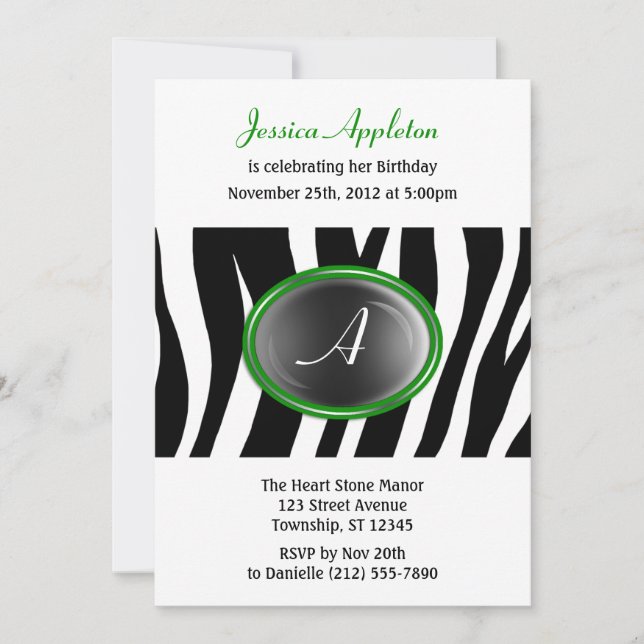 Zebra Print Green Glass Monogram Birthday Einladung (Vorderseite)