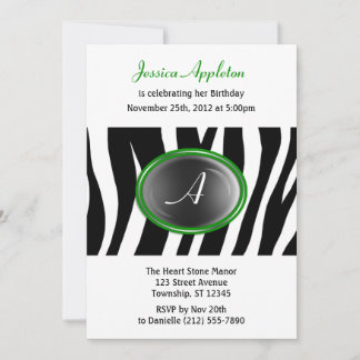 Zebra Print Green Glass Monogram Birthday Einladung