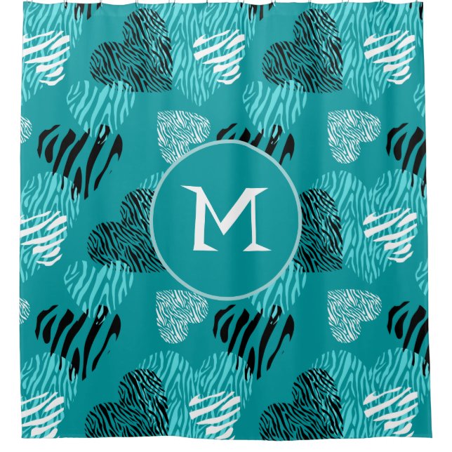 Zebra Print Hearts Aquamarin White Monogram Duschvorhang (Vorderseite)