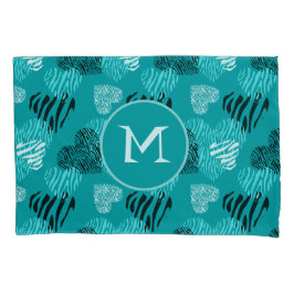 Zebra Print Hearts Aquamarin White Monogram Kissenbezug