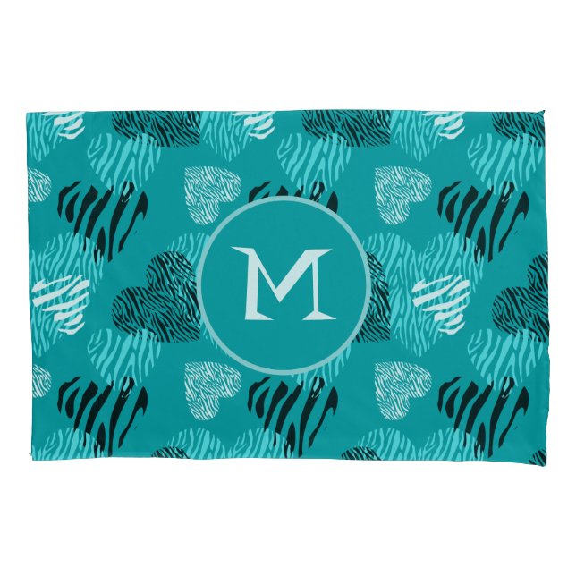 Zebra Print Hearts Aquamarin White Monogram Kissenbezug (Vorderseite)