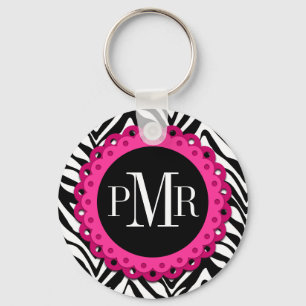 Zebra Print Hot Pink Lace Monogram Personalisiert Schlüsselanhänger