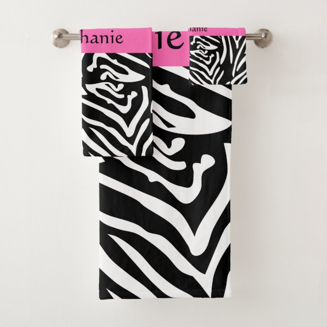 Zebra Print in personalisiert Schwarz, Weiß und He Badhandtuch Set (Insitu)