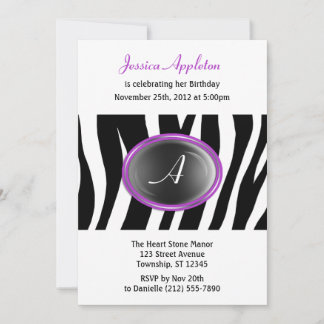 Zebra Print Lila Glass Monogram Birthday Einladung