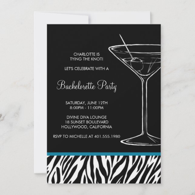 Zebra print martini bachelorette einladung (Vorderseite)
