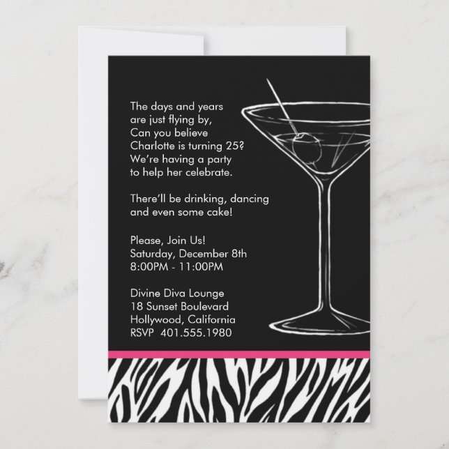 Zebra Print martini Geburtstagsparty Einladung (Vorderseite)
